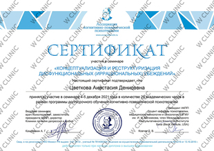 Сертификат «Концептуализация и реструктуризация дисфункциональных убеждений»